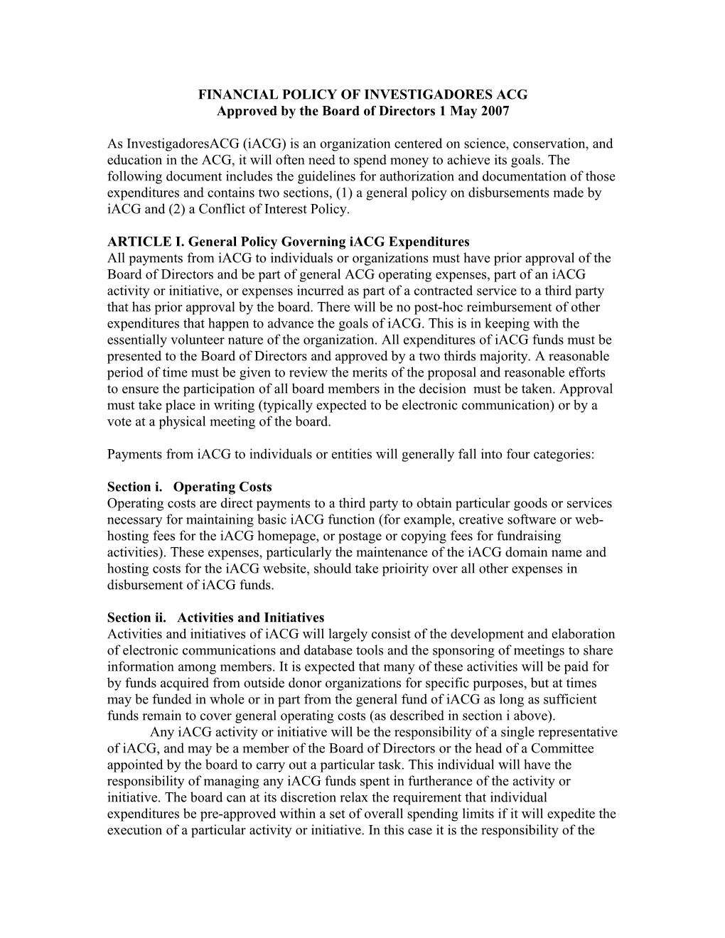 Iacg Conflict of Interest Policy: Draft Version 14 April 07