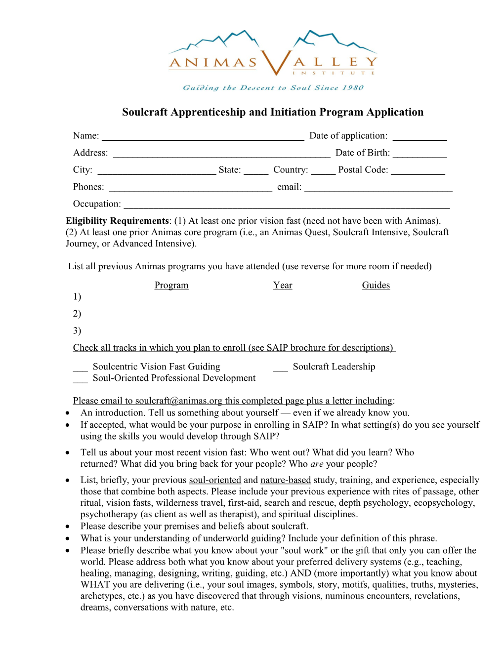 Soulcraft Apprenticeship and Initiation Program Application