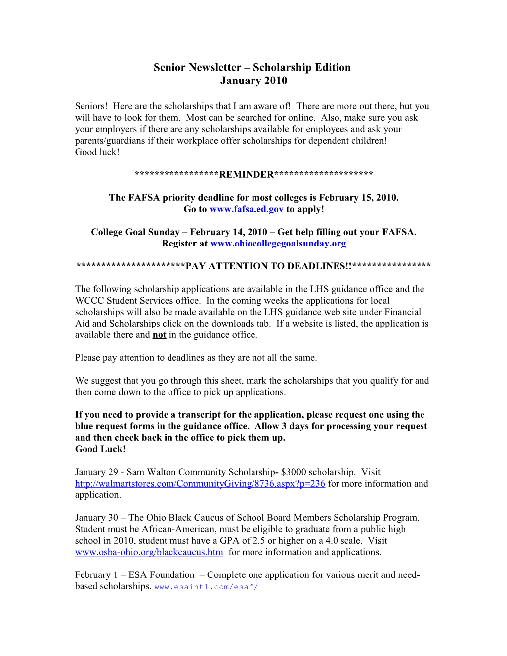 Senior Newsletter Scholarship Edition