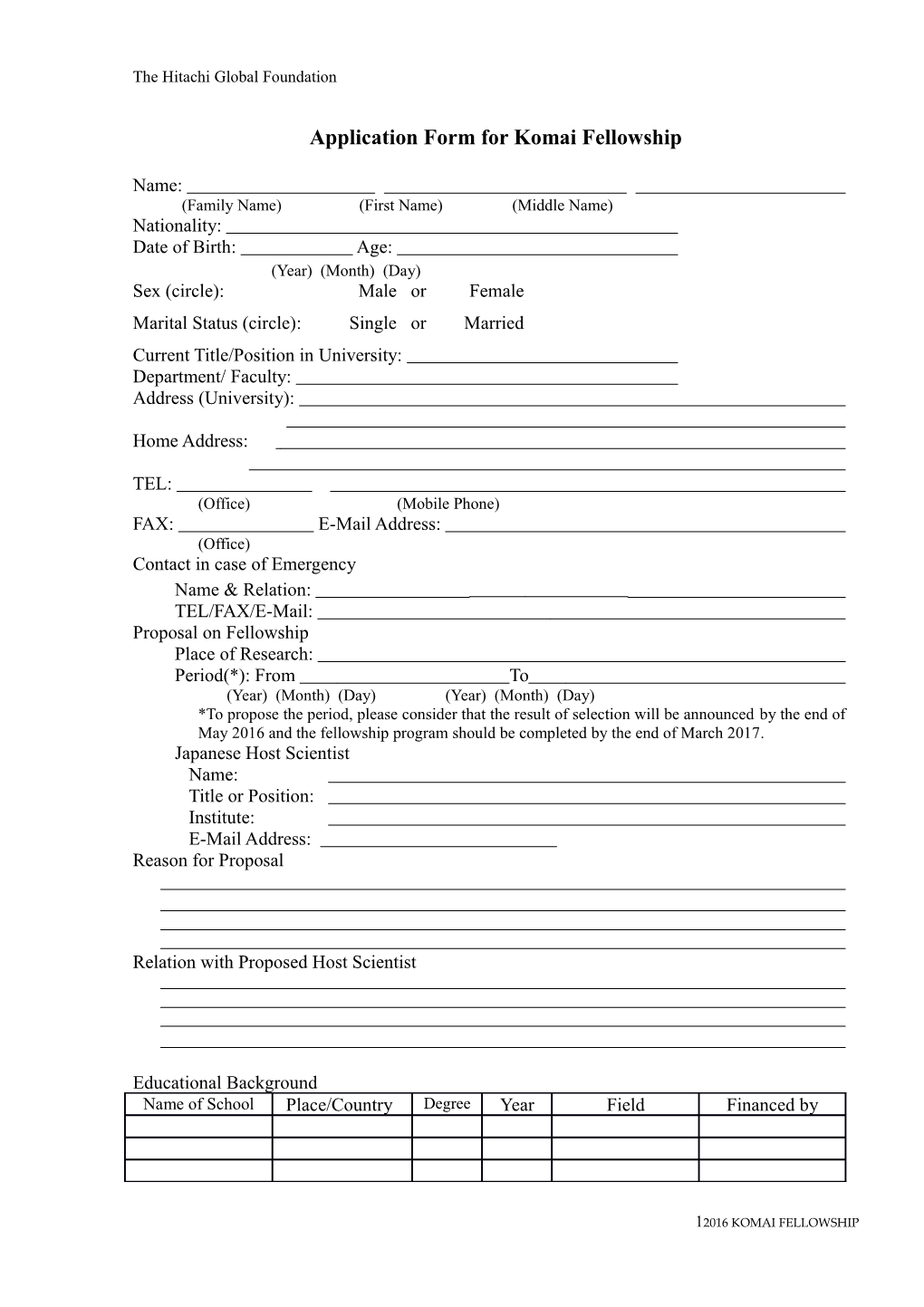 Application Form for Hitachi Scholarship