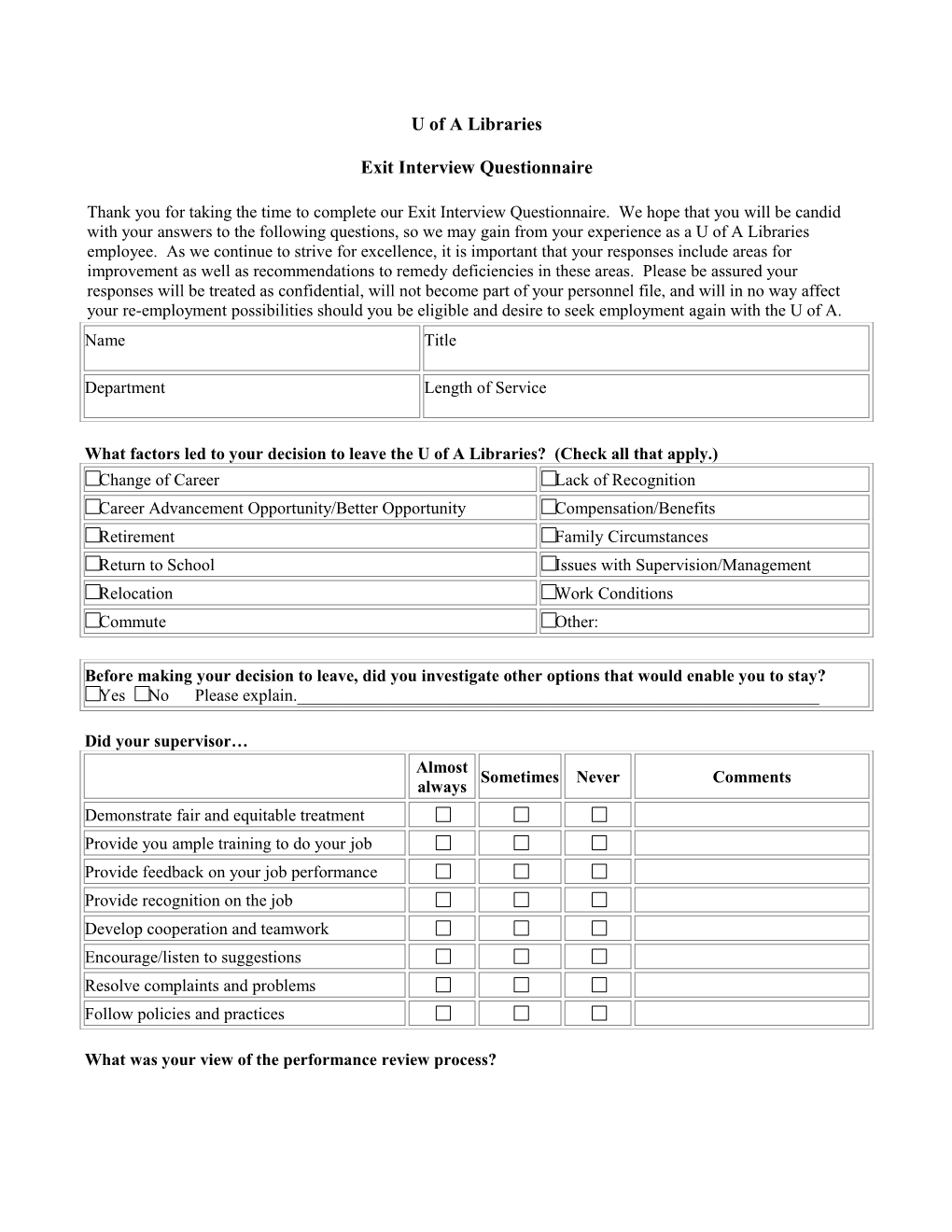 Exit Interview Questionnaire