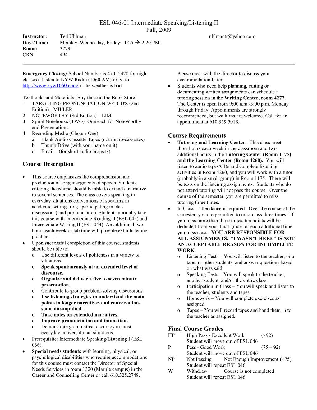 ESL 046-01 Intermediate Speaking/Listening II