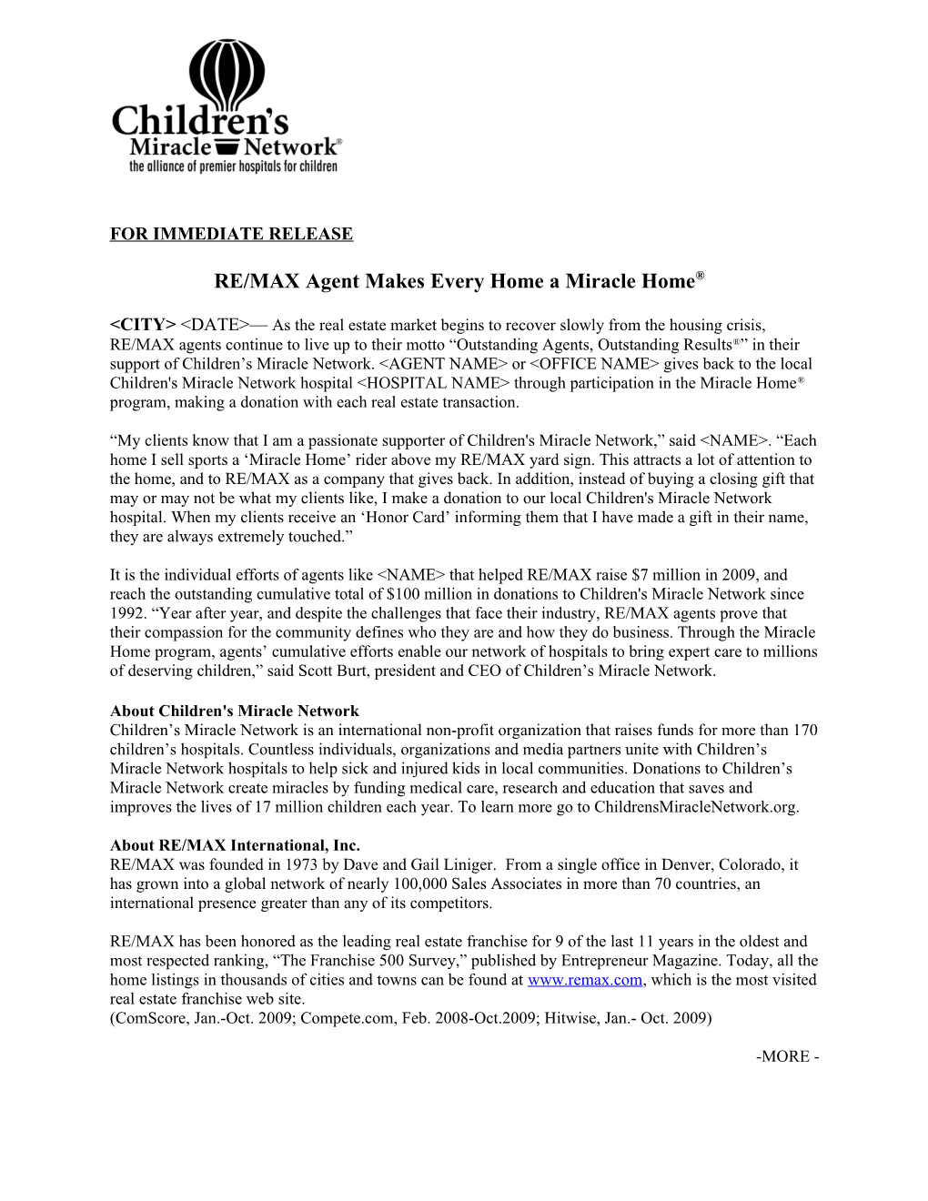 CMN Press Release Template for Miracle Home Program Participants