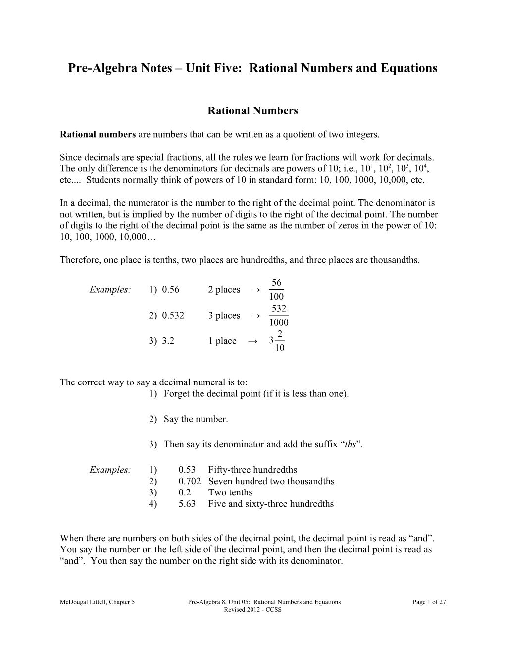 Pre-Algebra Notes Unit Five: Rational Numbers and Equations