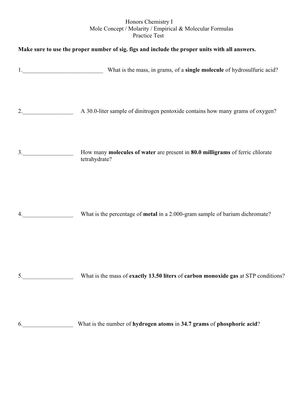 Mole Concept / Molarity / Empirical & Molecular Formulas