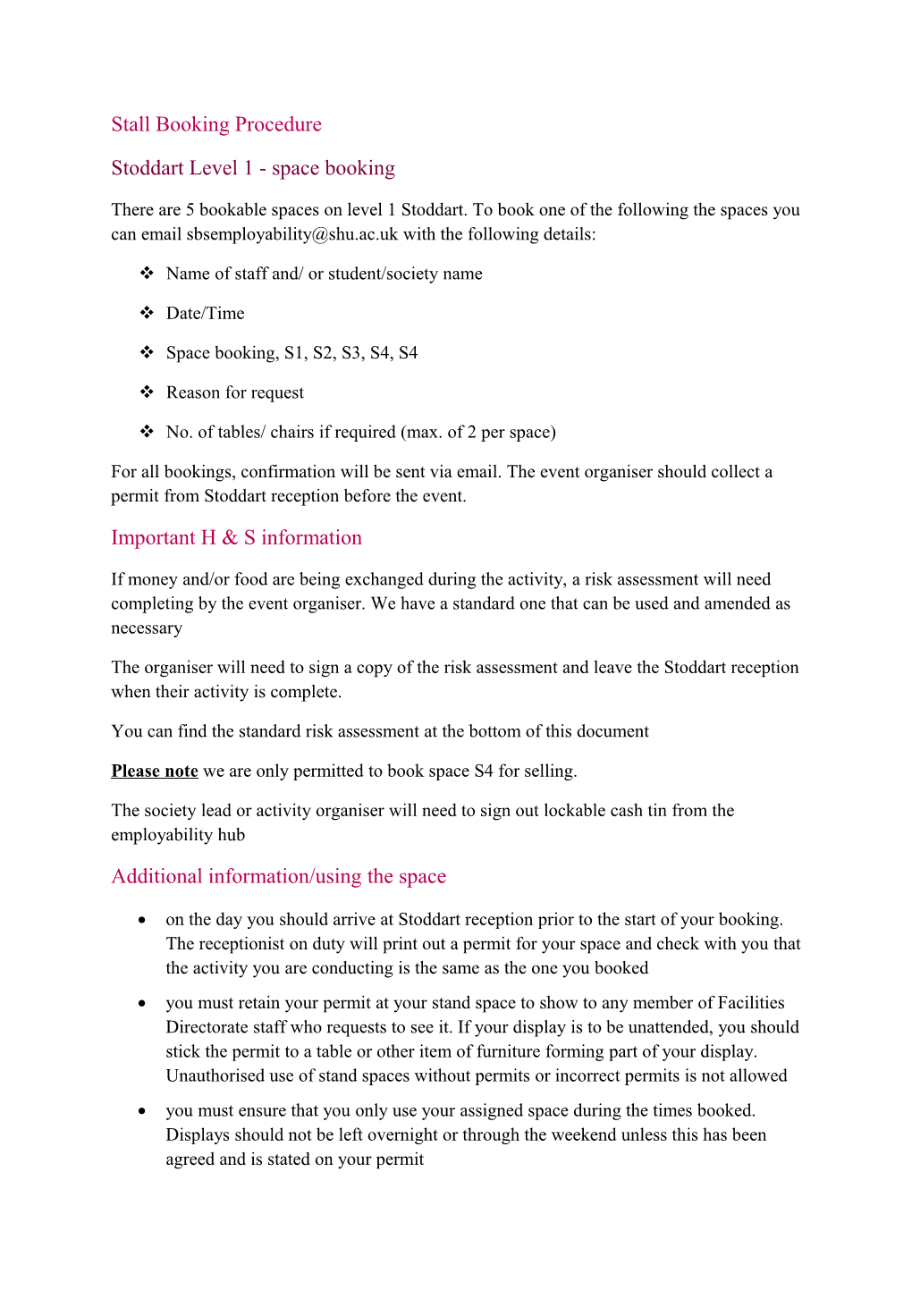 Stoddart Level 1 - Space Booking