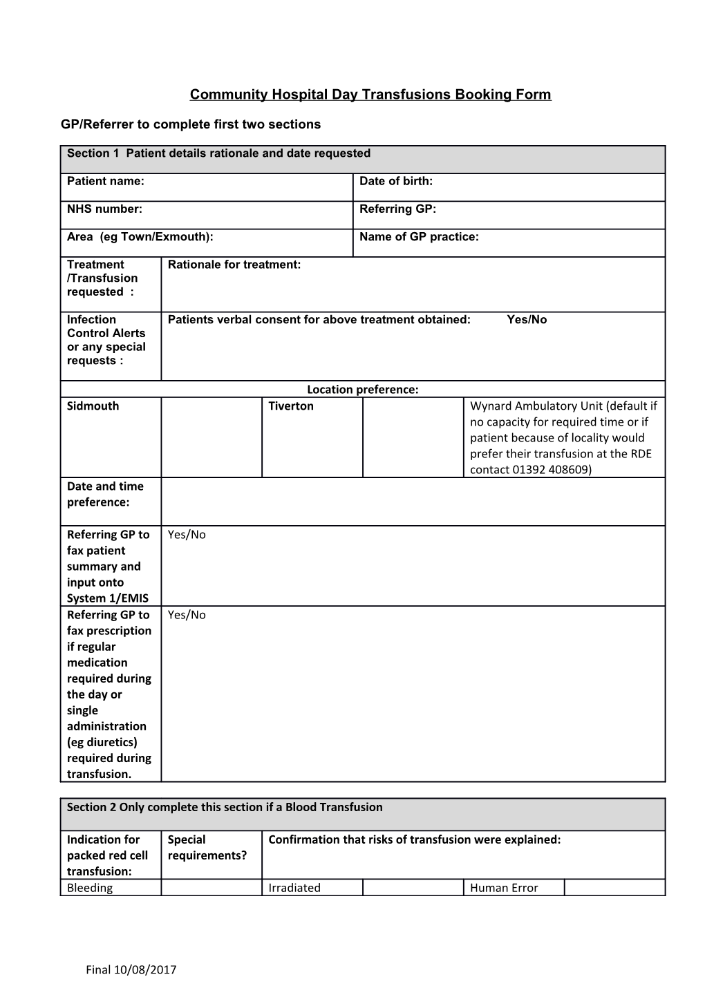 Community Hospital Day Transfusions Booking Form