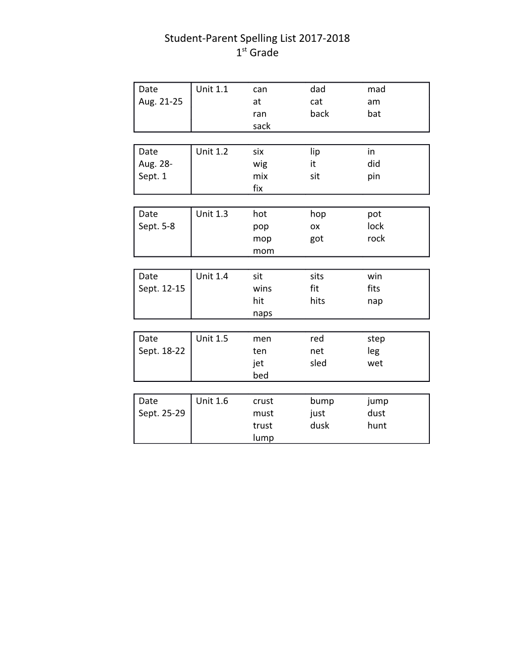 Student-Parent Spelling List 2017-2018