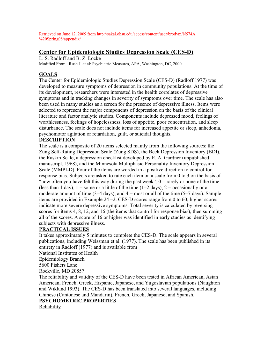 Center for Epidemiologic Studies Depression Scale (CES-D)