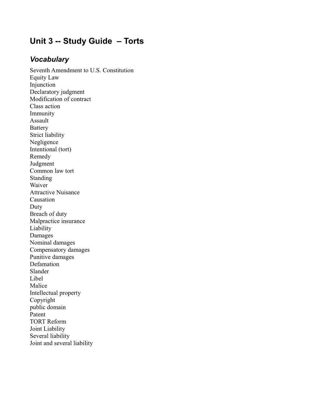 Unit 3 Study Guide Torts