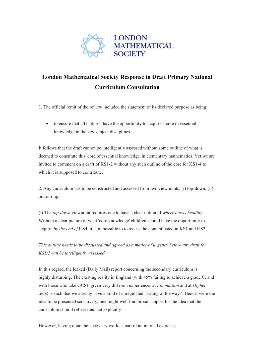 London Mathematical Society Response to Draft Primary National Curriculum Consultation