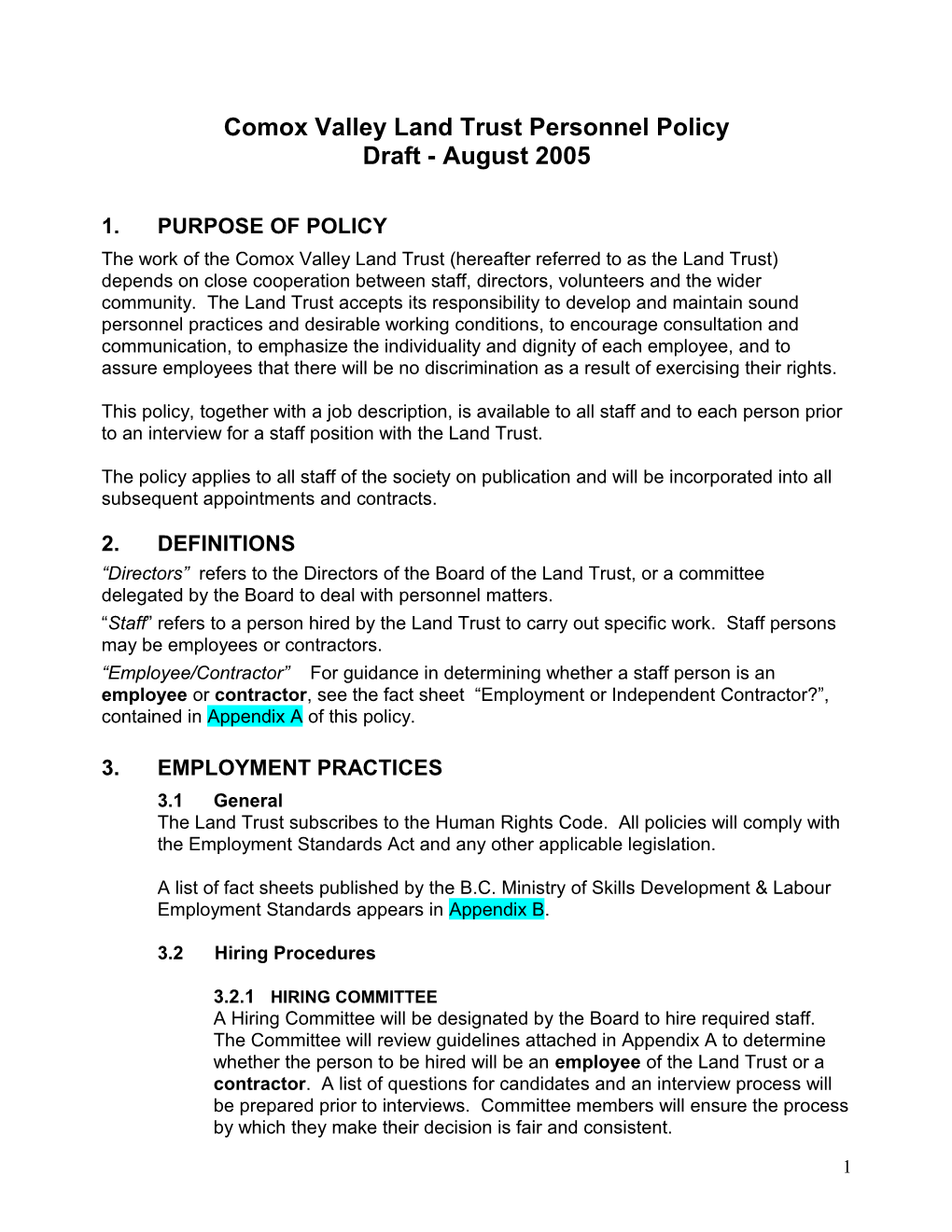 Comox Valley Land Trust Personnel Policy