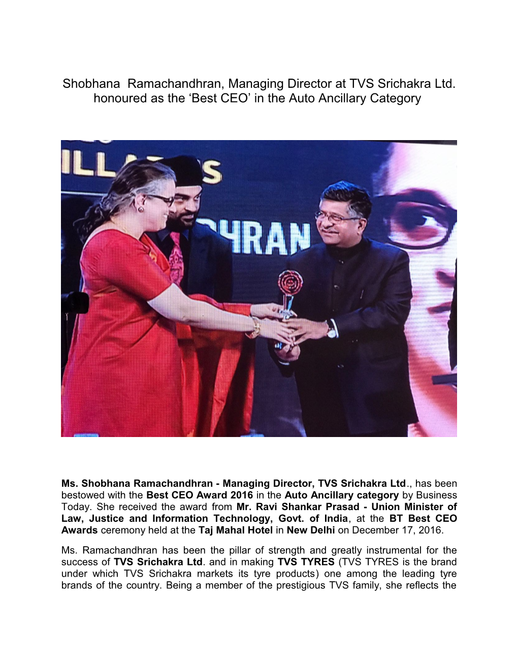 Shobhana Ramachandhran, Managing Director at TVS Srichakra Ltd. Honoured As the Best CEO