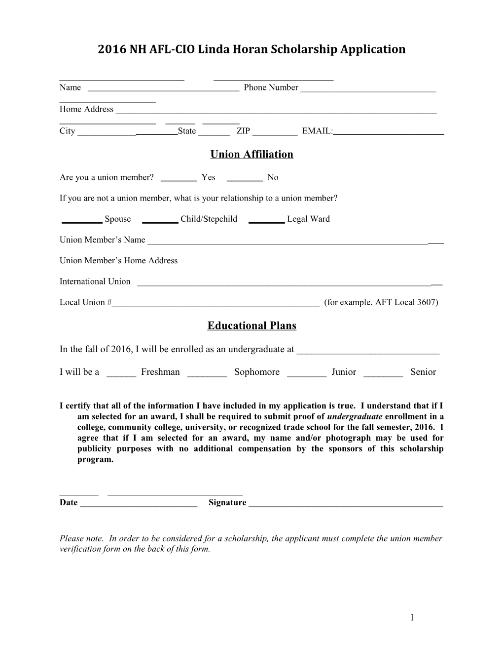 2003 Nh Afl-Cio Scholarship Application