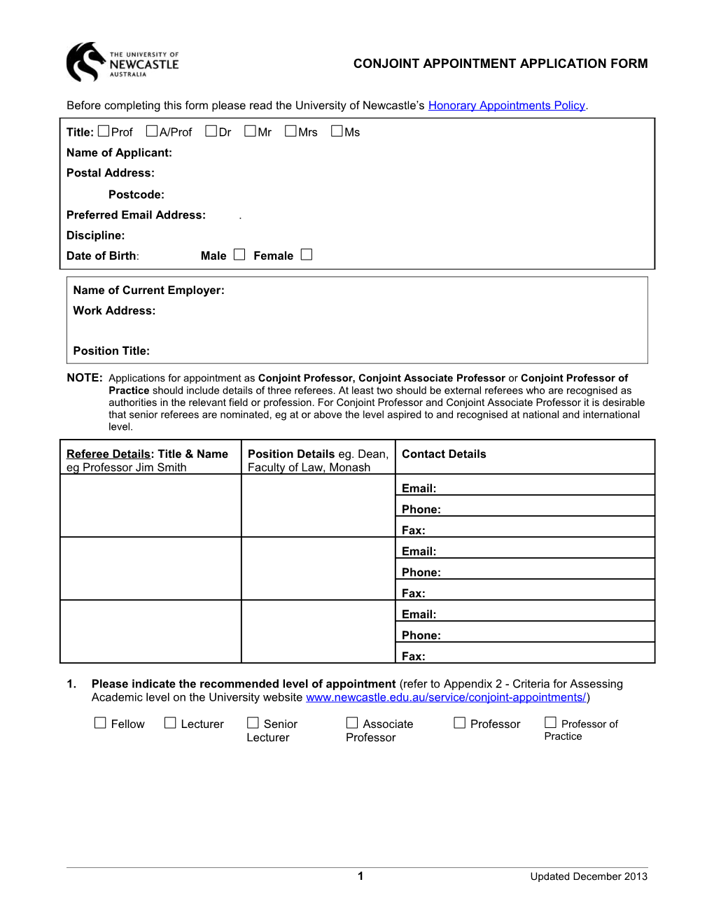 Conjoint Appointment Application Form