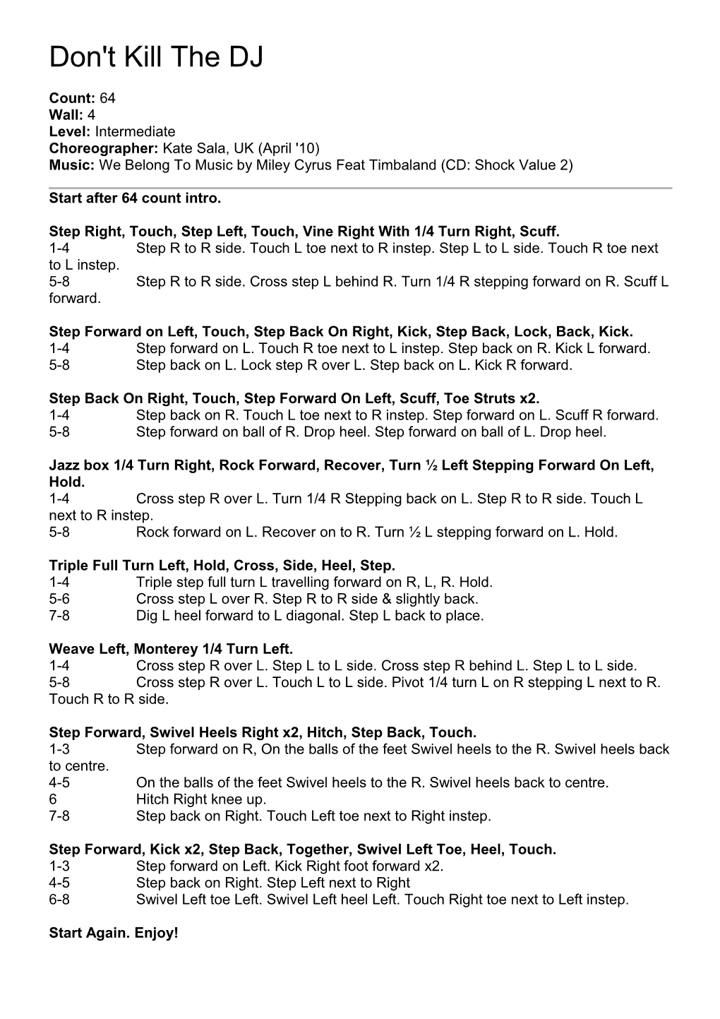 Copperknob - Linedance Stepsheets - Don't Kill the DJ