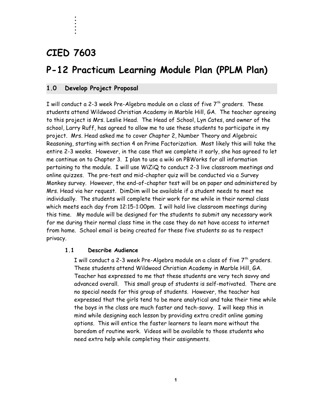 P-12 Practicum Learning Module Plan (PPLM Plan)