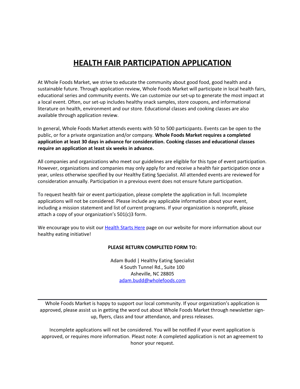 Health Fair Participation Application