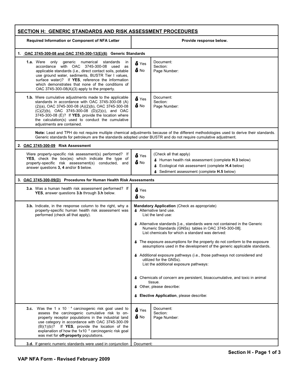 Section H: Generic Standards and Risk Assessment Procedures