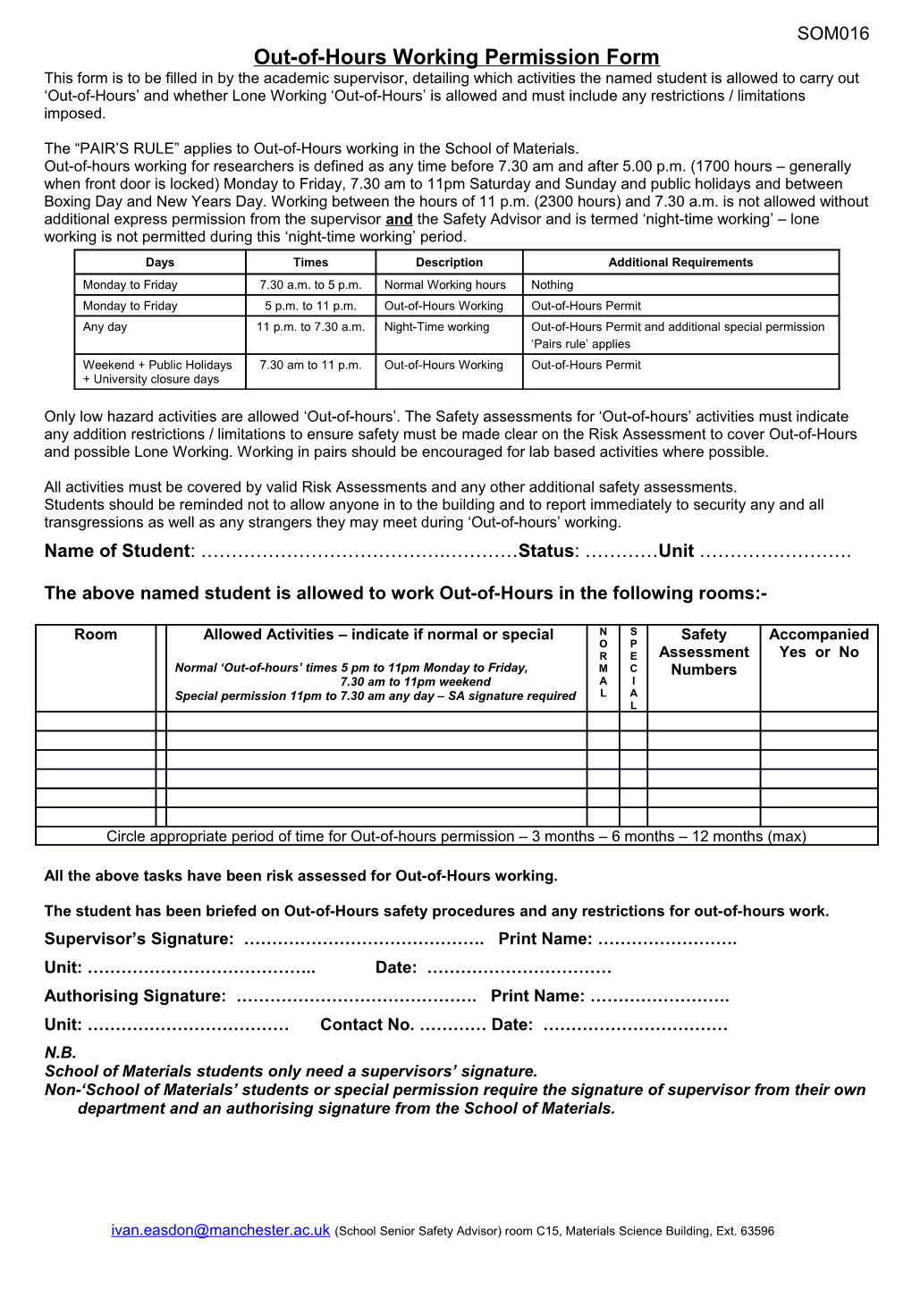 Permission Form for Out-Of-Hours Permit