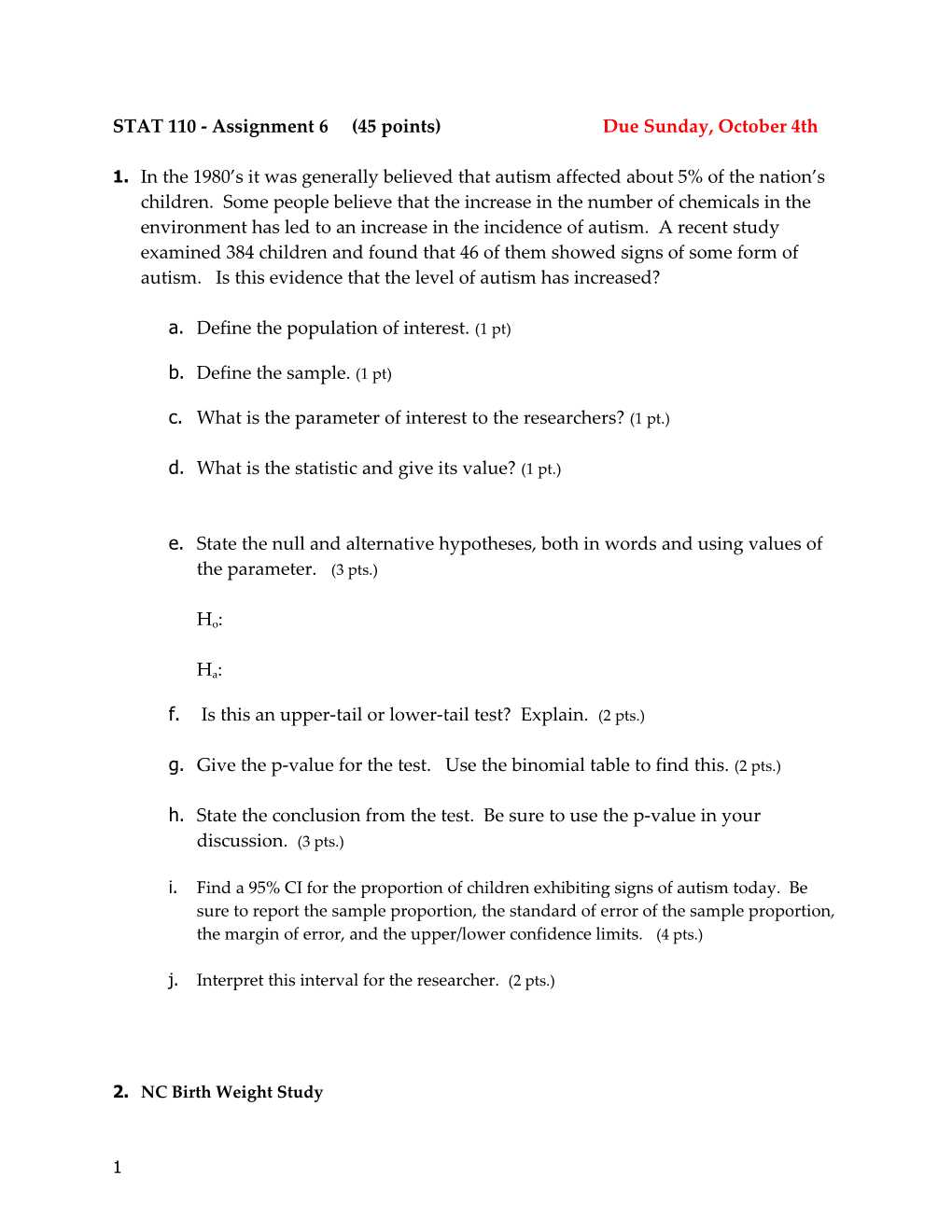 STAT 110 - Assignment 6 (45 Points) Due Sunday, October 4Th