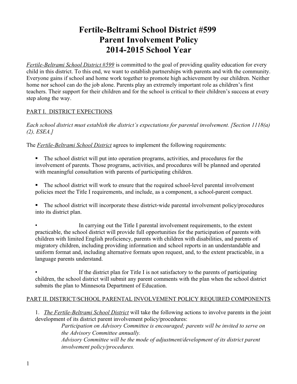 Sample: District / School Parent Involvement Policy