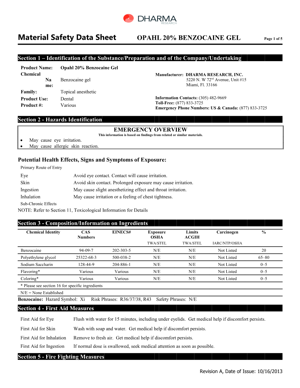 Material Safety Data Sheet OPAHL 20% BENZOCAINE GEL Page 5 of 5