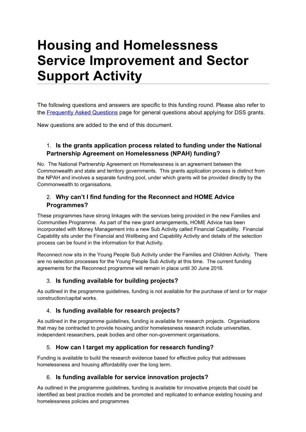 Housing and Homelessness Service Improvement and Sector Support Activity