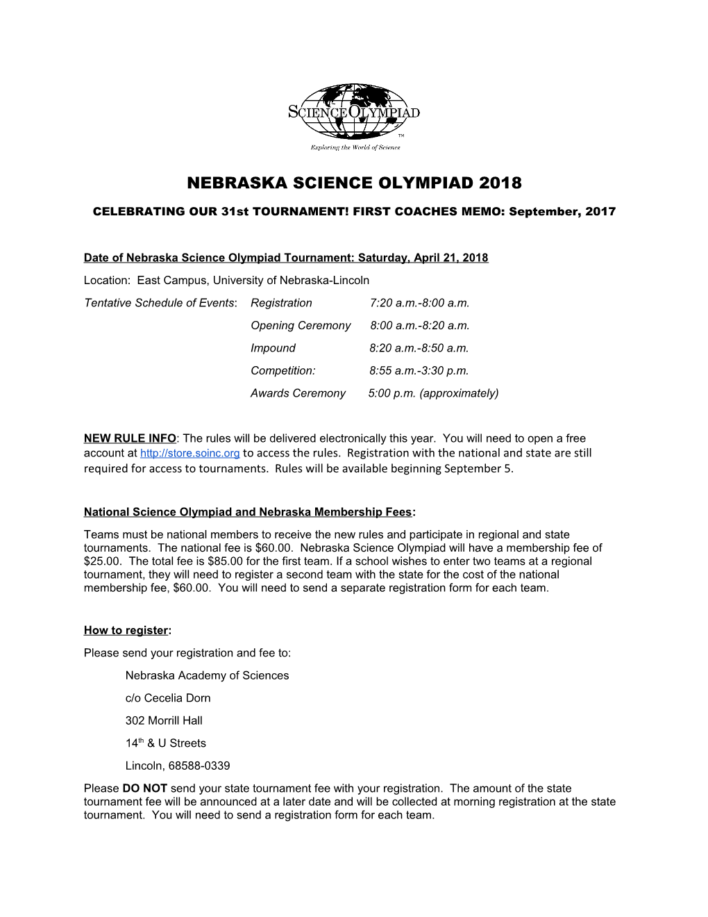 Date of Nebraska Science Olympiad Tournament: Saturday, April 21, 2018