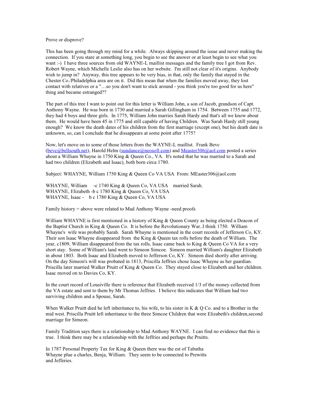 Subject: WHAYNE, William 1750 King & Queen County Virginia USA