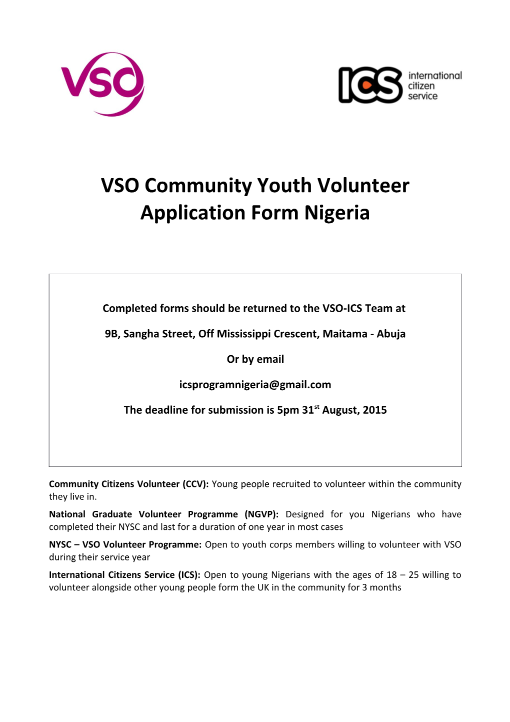 VSO Community Youth Volunteer Application Form Nigeria