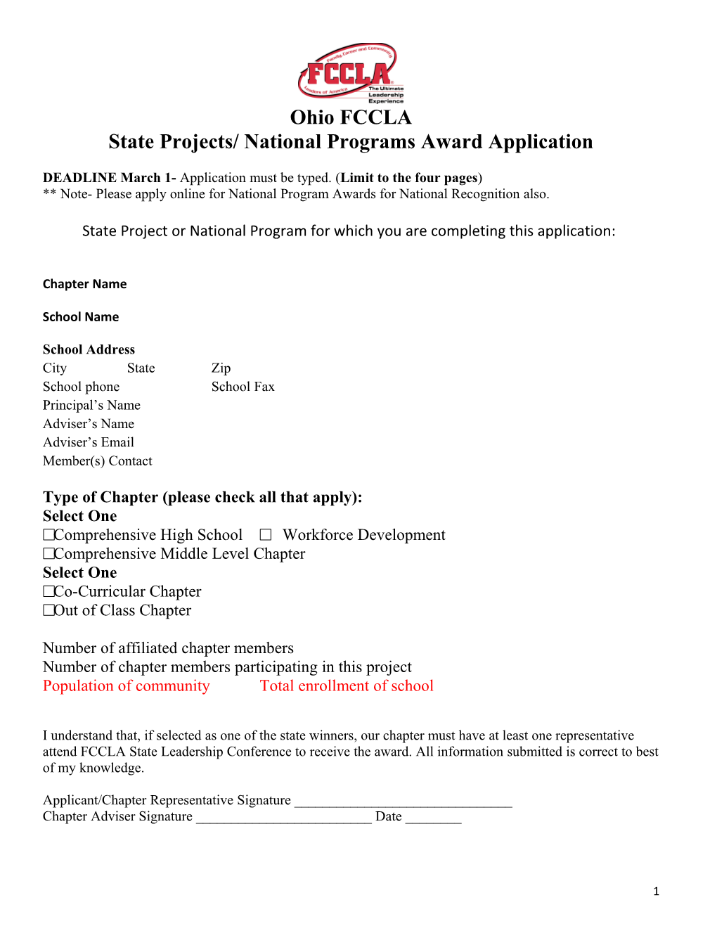 State Projects/ National Programs Award Application