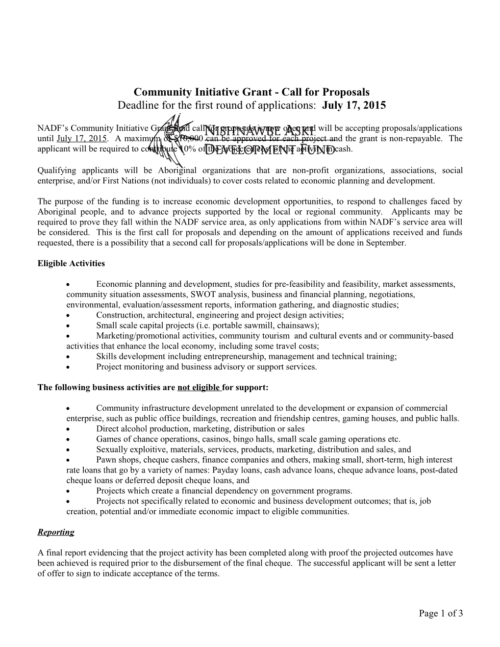 Local Initiative Contribution Call for Proposals 2007