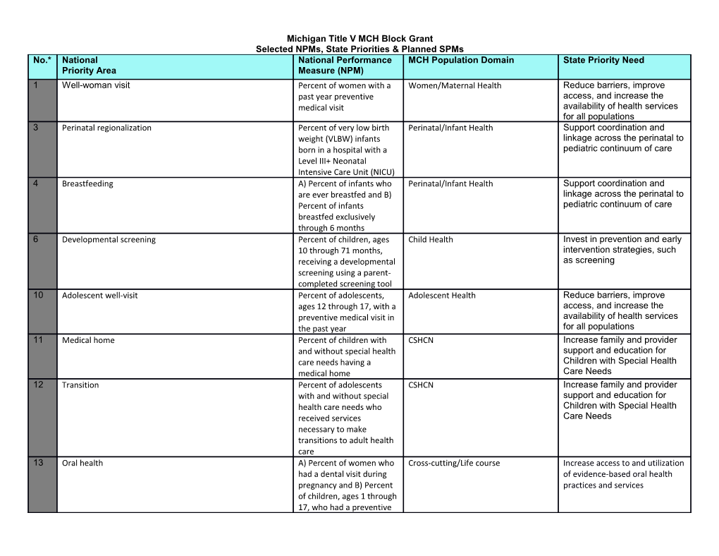 Michigan Title V MCH Block Grant Selected Npms, State Priorities & Planned Spms