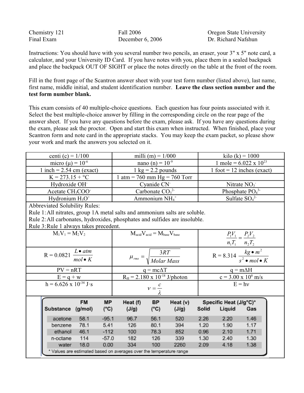 Chemistry 121 Fall 2006 Oregon State University