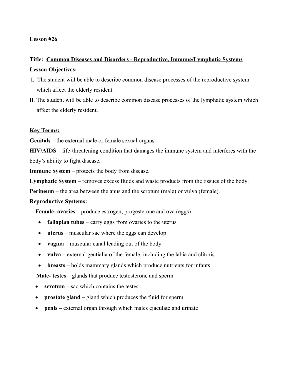 Title: Common Diseases and Disorders - Reproductive, Immune/Lymphatic Systems