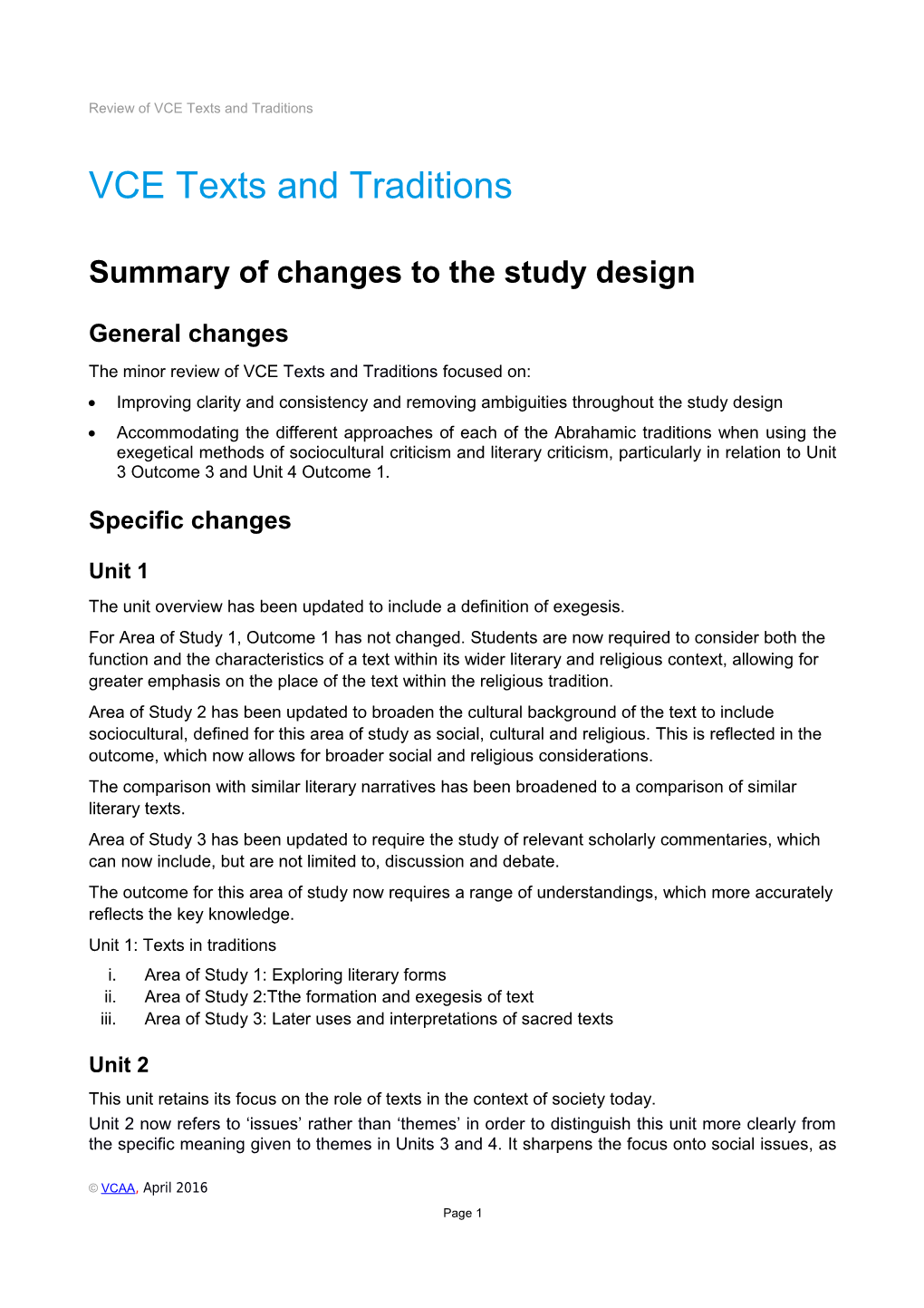 VCE Texts and Traditions - Summary of Changes