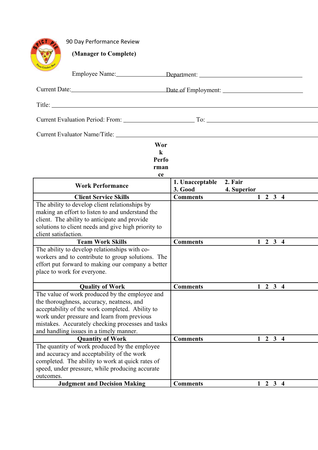 90 Day Performance Review Form