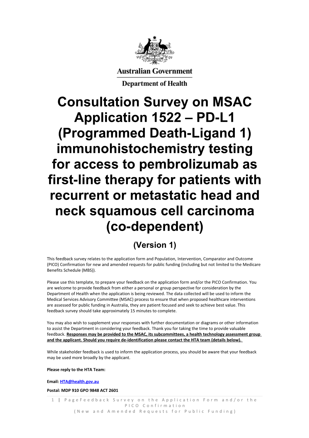 Consultation Survey on MSAC Application 1522 PD-L1 (Programmed Death-Ligand 1)