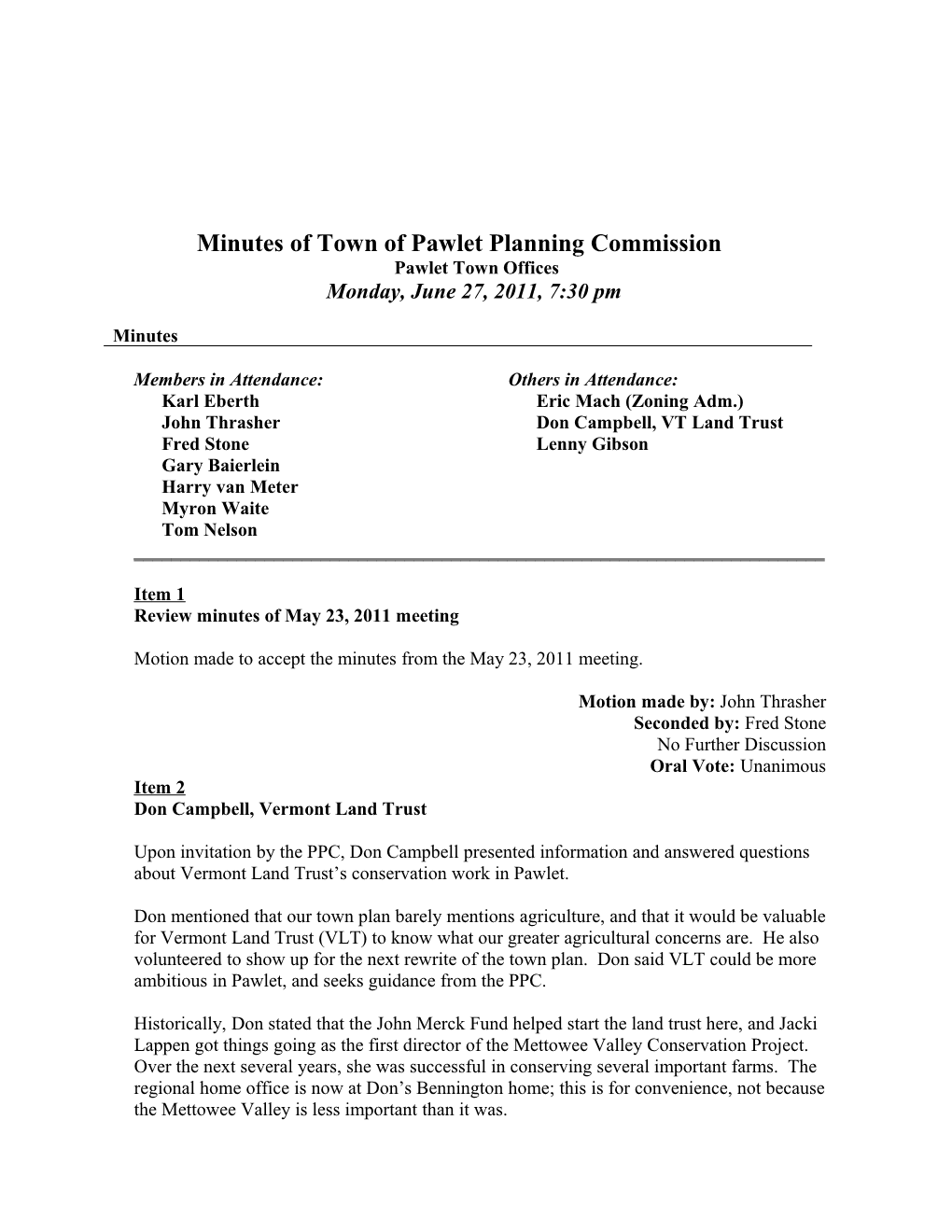 Minutes of Town of Pawlet Planning Commission