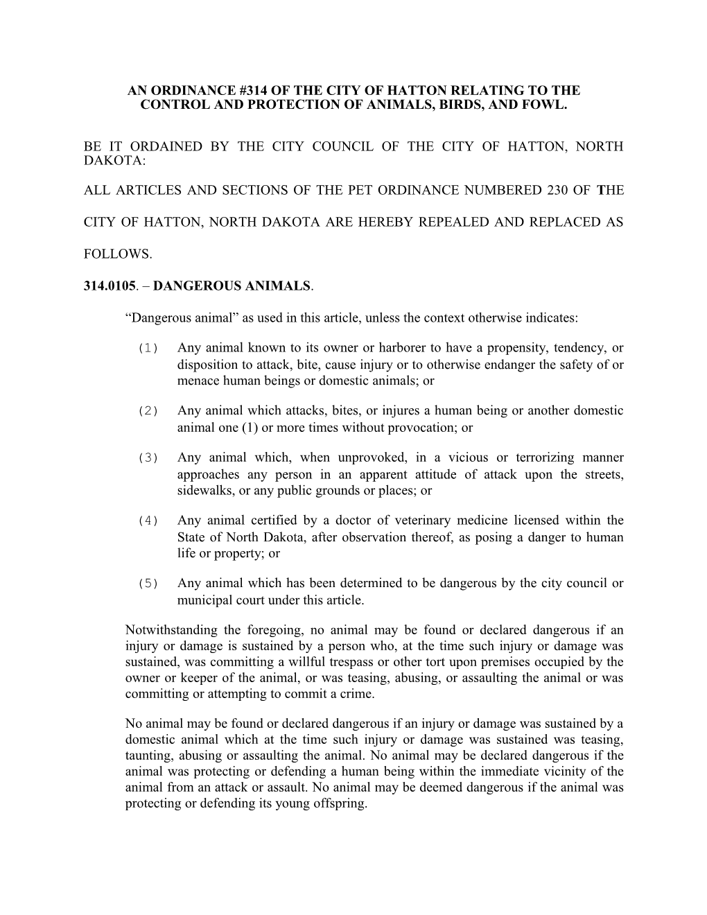 An Ordinance #314Of the City of Hatton Relating to the Control and Protection of Animals