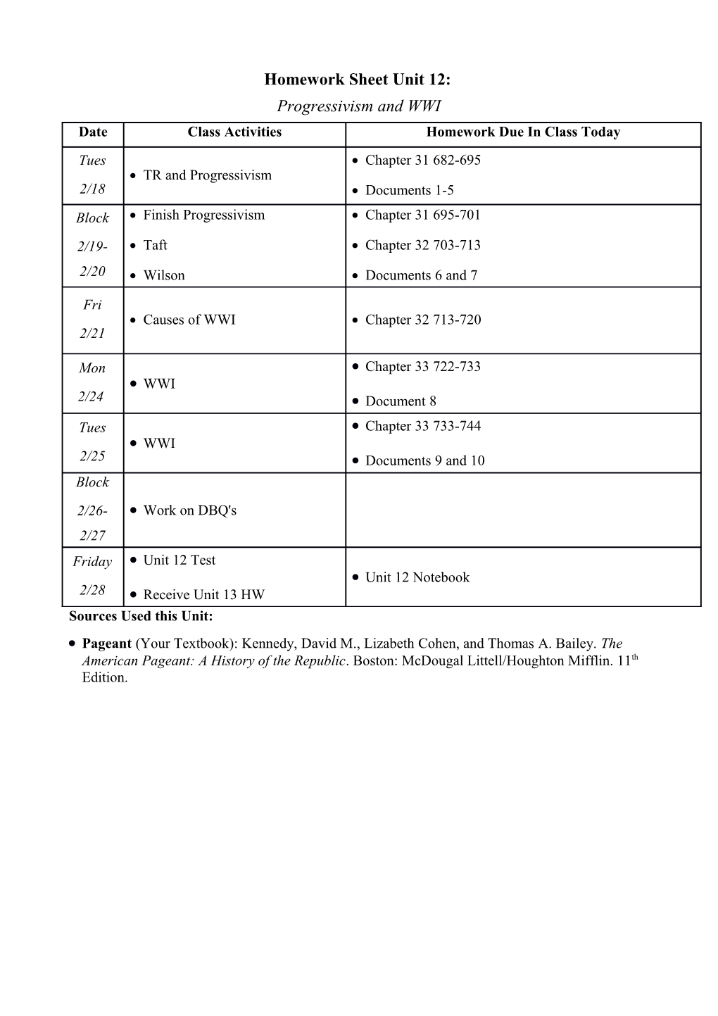 Homework Sheet Unit 12