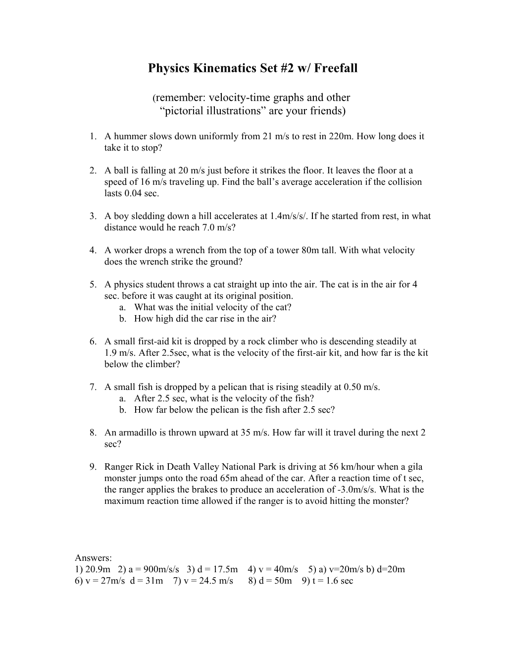 Physics Kinematics Set #2 W/ Freefall