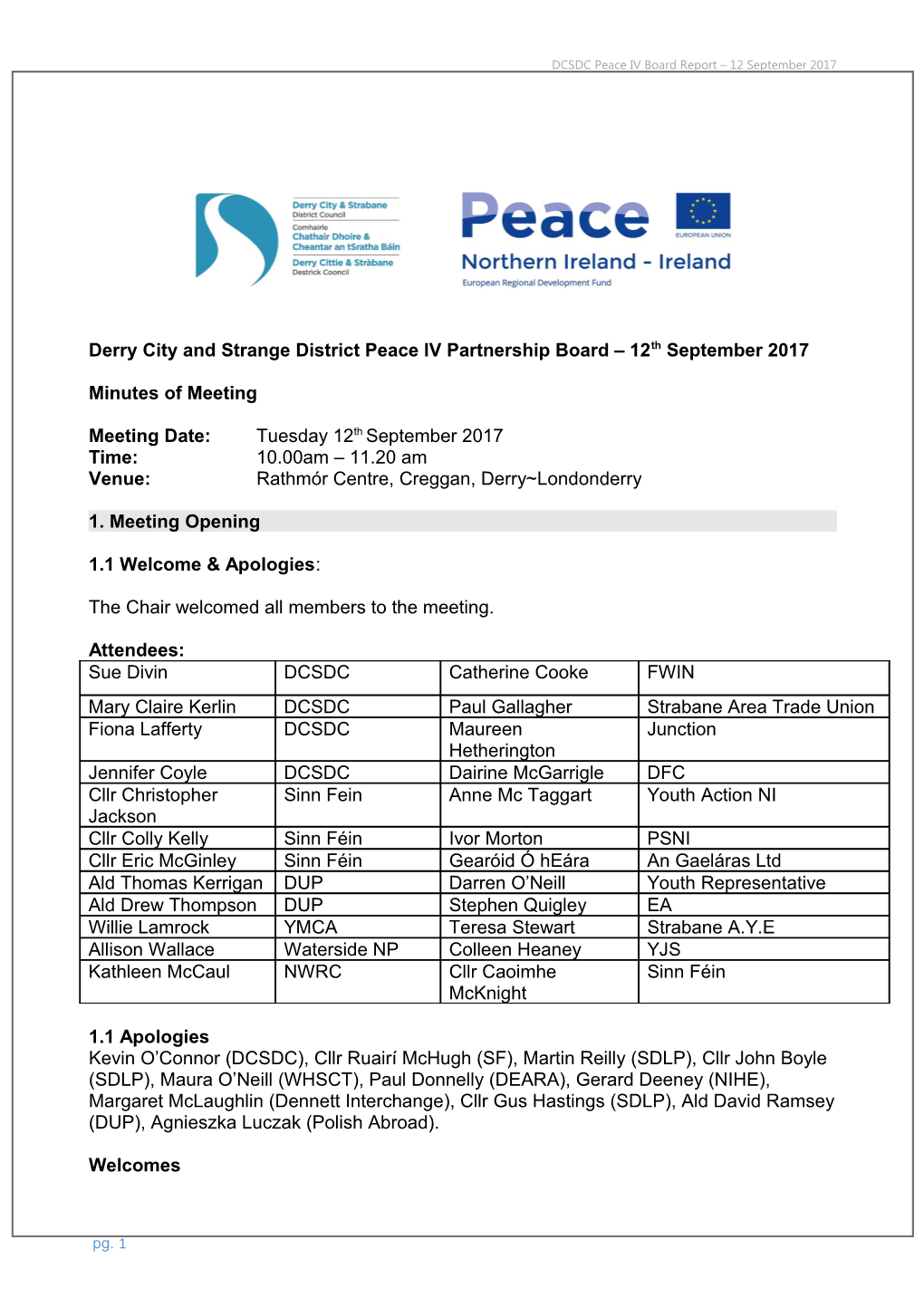 Derry City and Strange District Peace IV Partnership Board 12Th September 2017