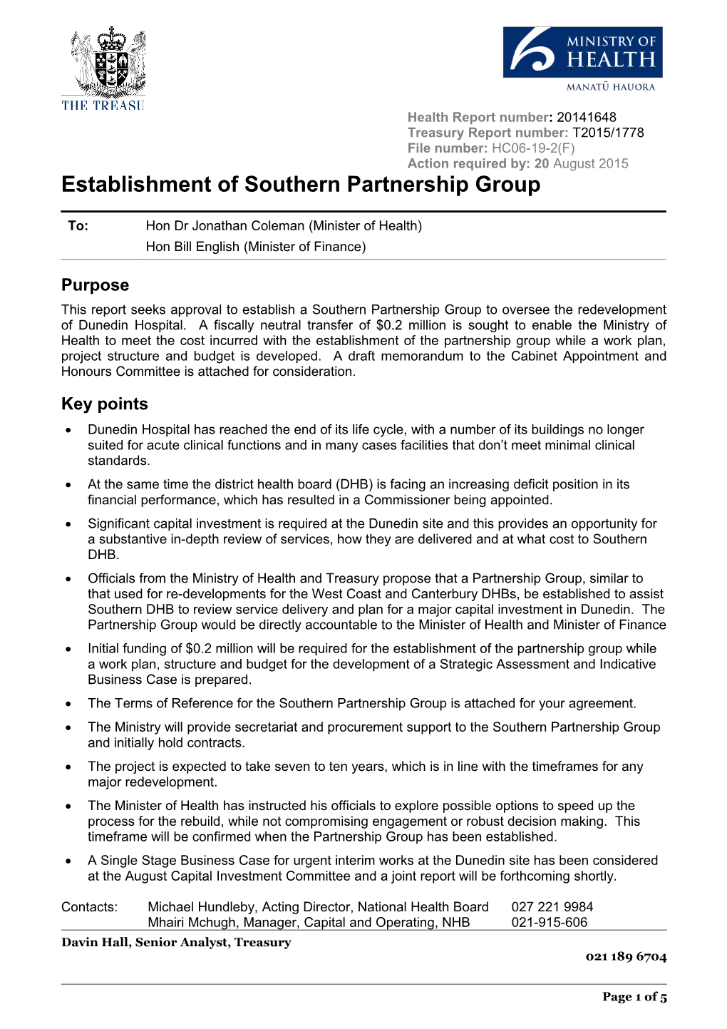 Health Report Establishment of Southern Partnership Group