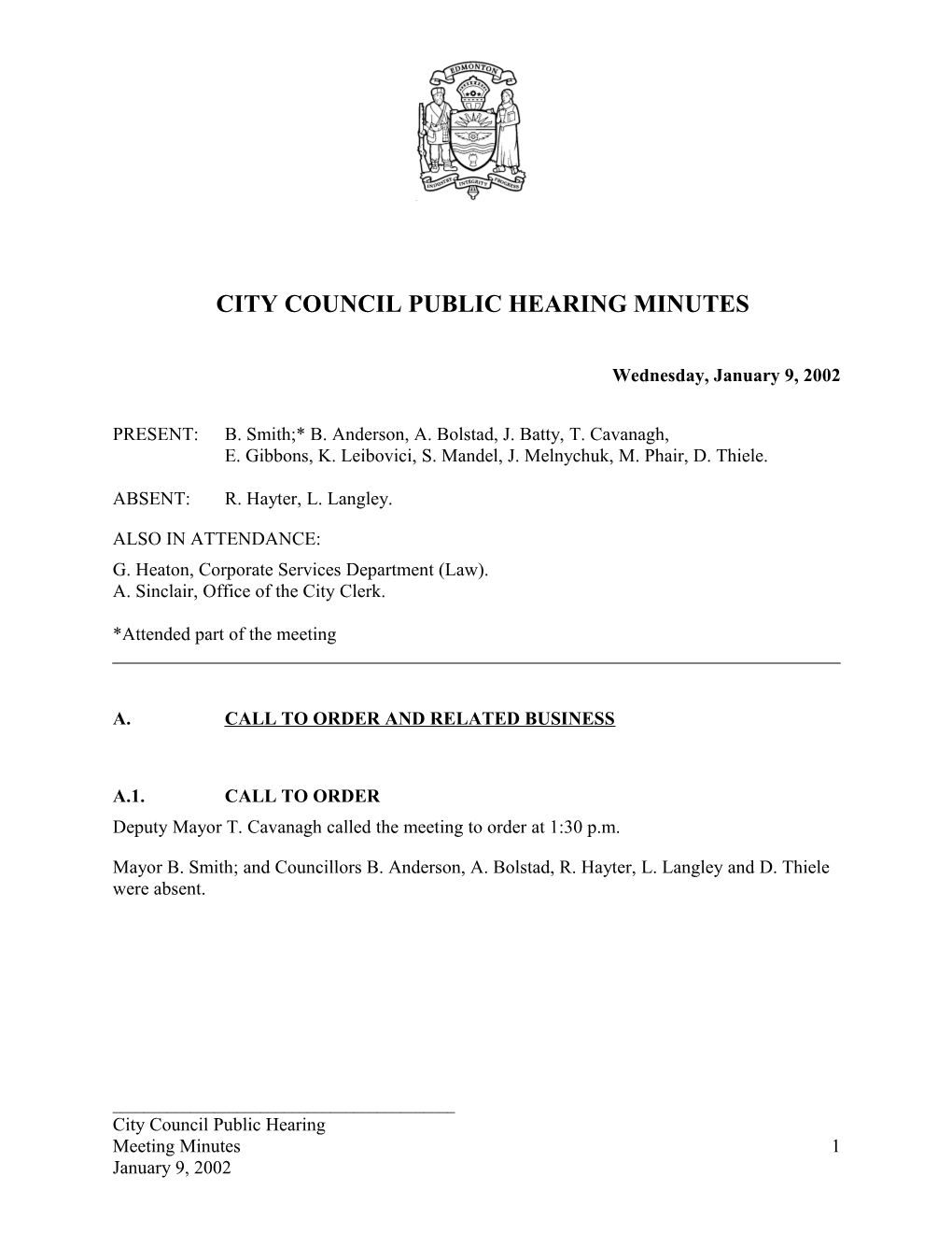 Minutes for City Council January 9, 2002 Meeting