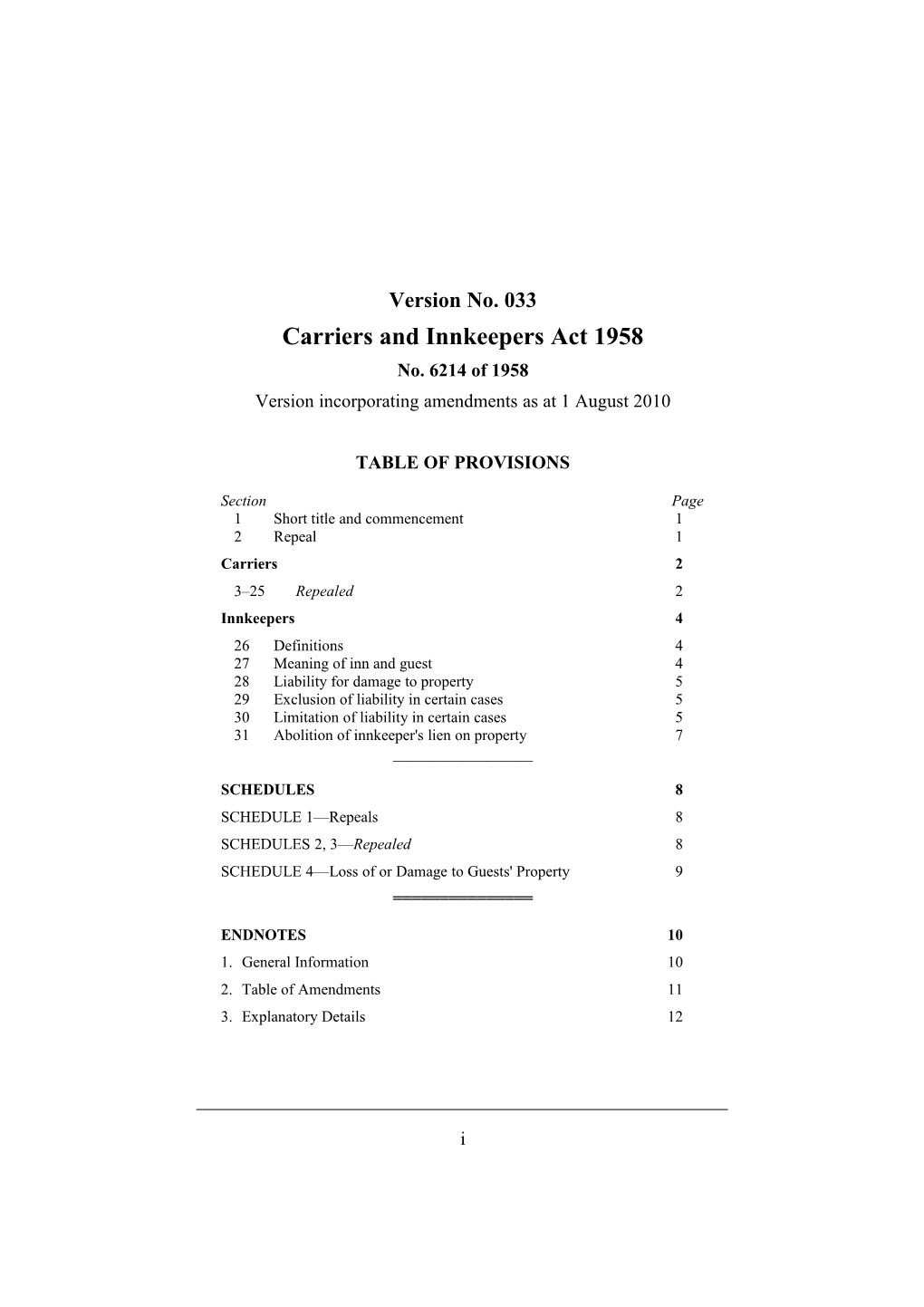 Carriers and Innkeepers Act 1958