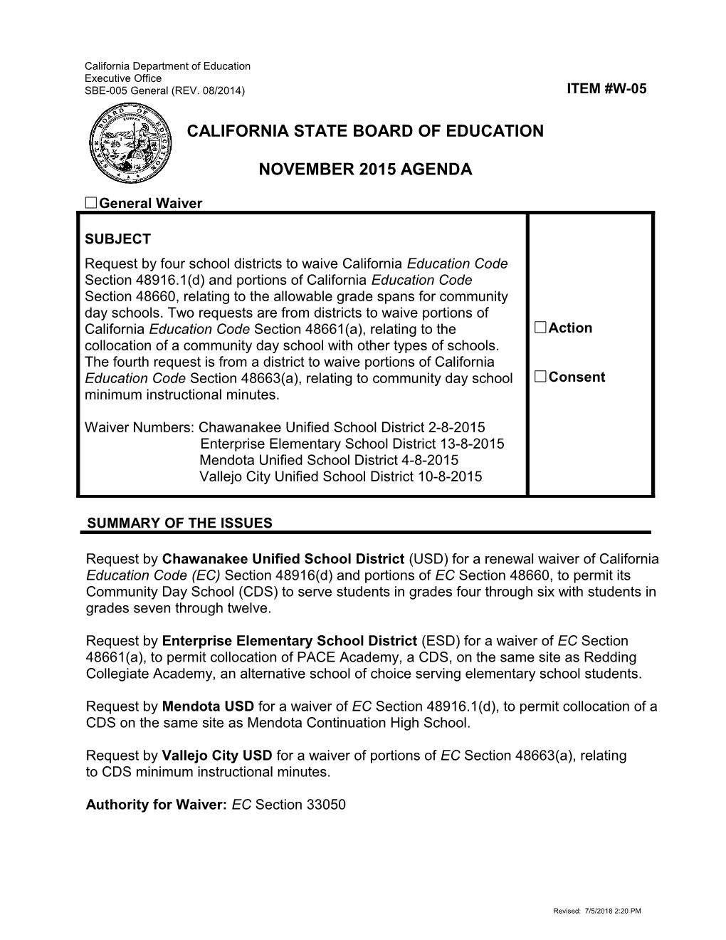 November 2015 Waiver Item W-05 - Meeting Agendas (CA State Board of Education)