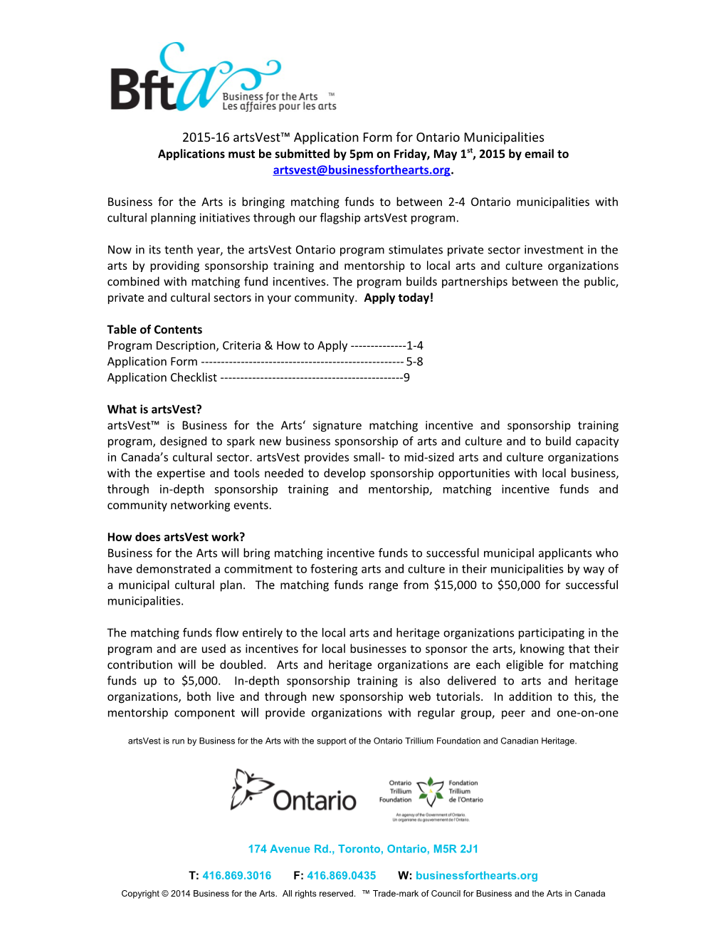 2011 Artsvest Application Form for Ontario Municipalities
