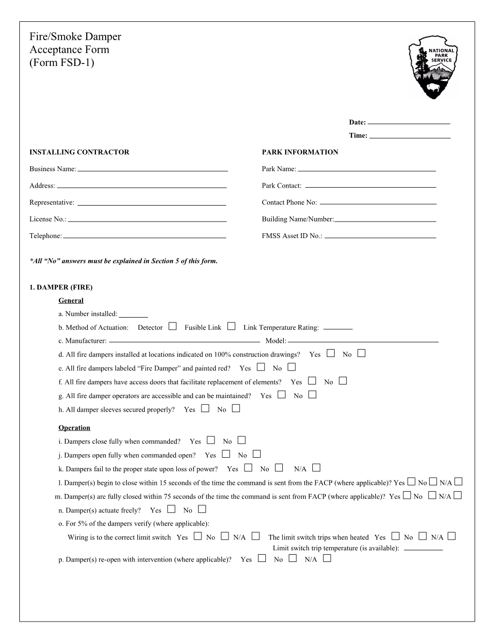 Form FSD-1 - Fire/Smoke Damper Acceptance